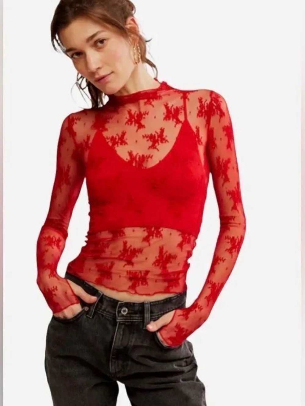 NWT Free People Lady Lux Layering Top in Red Racer